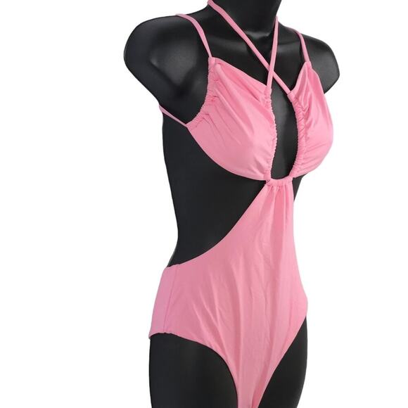 WeWoreWhat Cut Out One Piece Swimsuit Baby Pink Halter Runched Cup Tie - Picture 7 of 16
